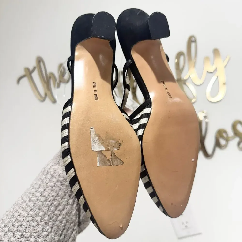 Salvatore Ferragamo striped slingback kitten heels Black Cream Striped Pointed 7
